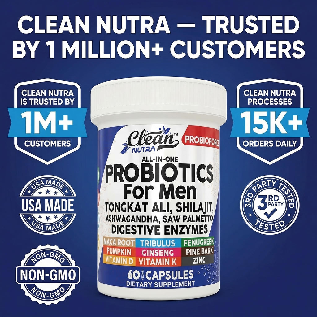 Clean Nutra Probiotics for Men | Tongkat Ali, Saw Palmetto, Tribulus, Ginseng, Ashwagandha, Maca, Pumpkin, Gingko Biloba, Pine Bark, Fenugreek, Shilajit, Zinc - Mens Probiotic 60 Capsules
