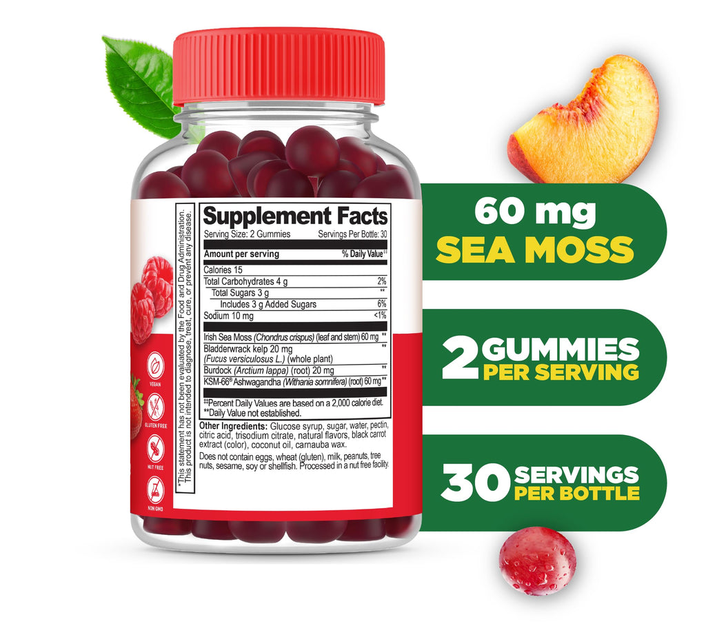 Lifeable Irish Sea Moss Gummies Supplement for Men and Women, Thyroid Support with Bladderwrack, Burdock Root and Ashwagandha, Berry Flavor, Vegan, Gluten Free, 60 Count