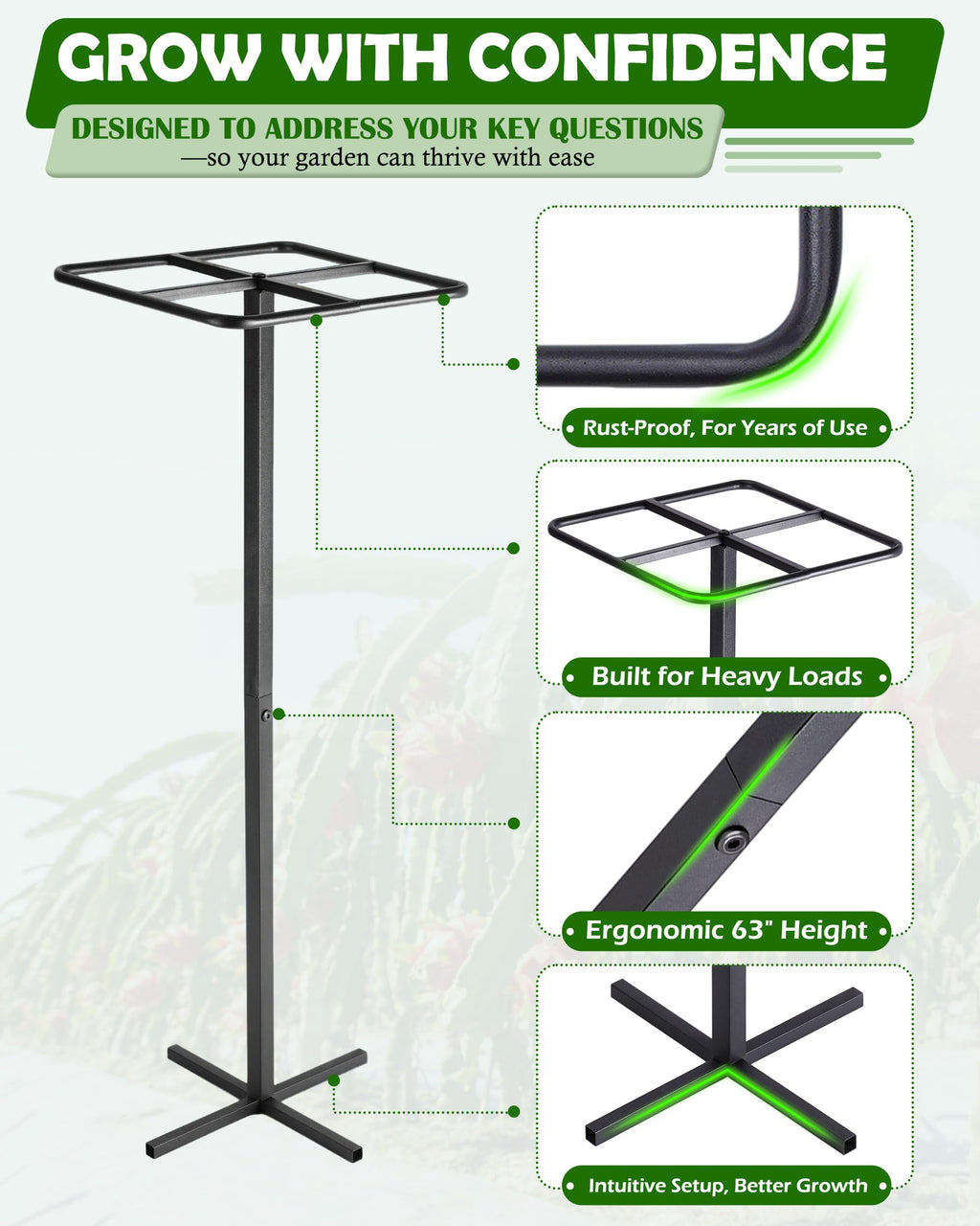 Metal Dragon Fruit Trellis 62" - Adjustable Heavy Duty Metal Plant Support with Square Top Design for Climbing Plants and Vertical Gardening, Powder-Coated Black for Garden, Patio, Indoor Use