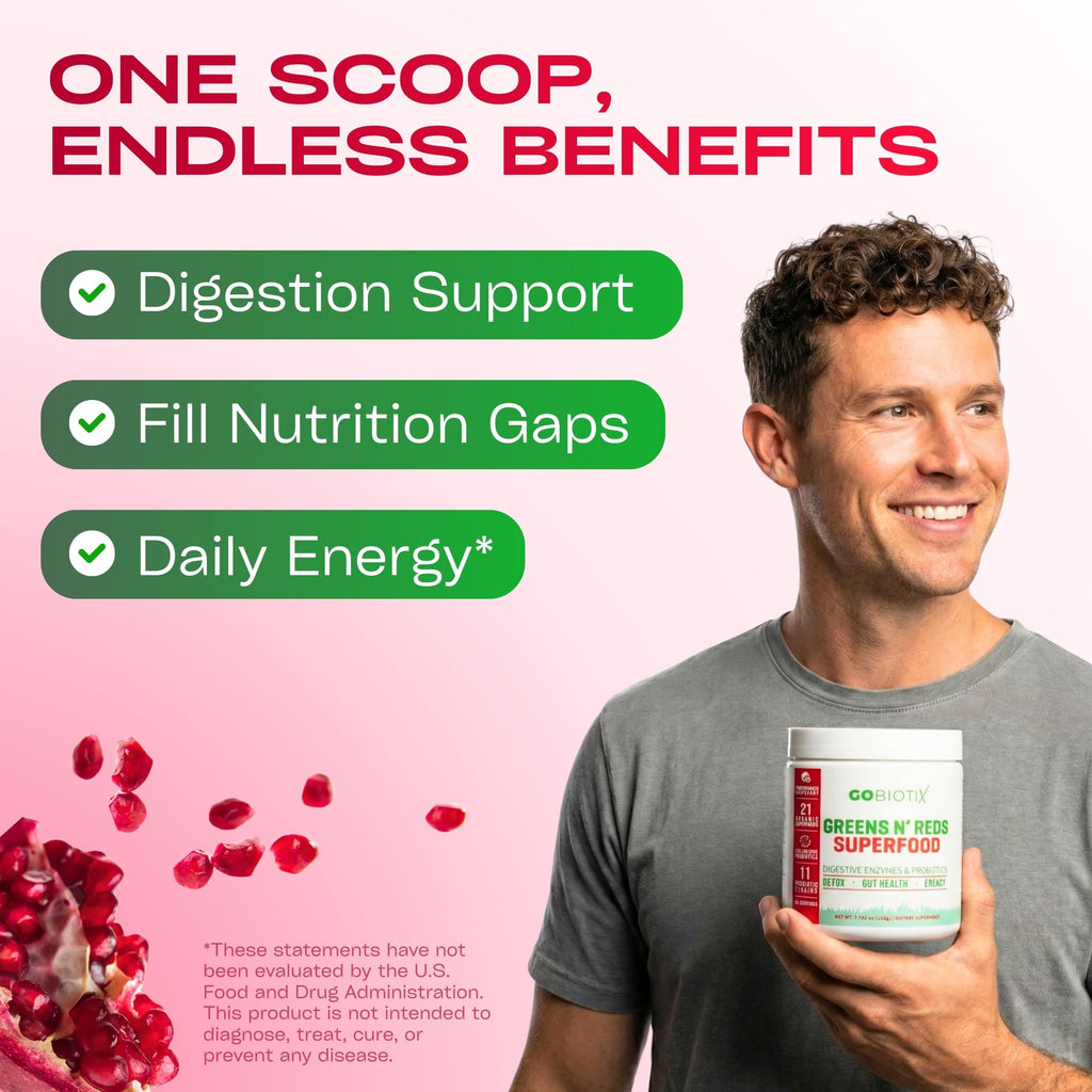 GOBIOTIX Super Greens Powder with Organic Spirulina - Superfood Supplement with Fruit Blend, Probiotics and Enzymes for Digestive Health - Vegan, Non-GMO - 30 Servings (Pomegranate Raspberry - 3 Pack)