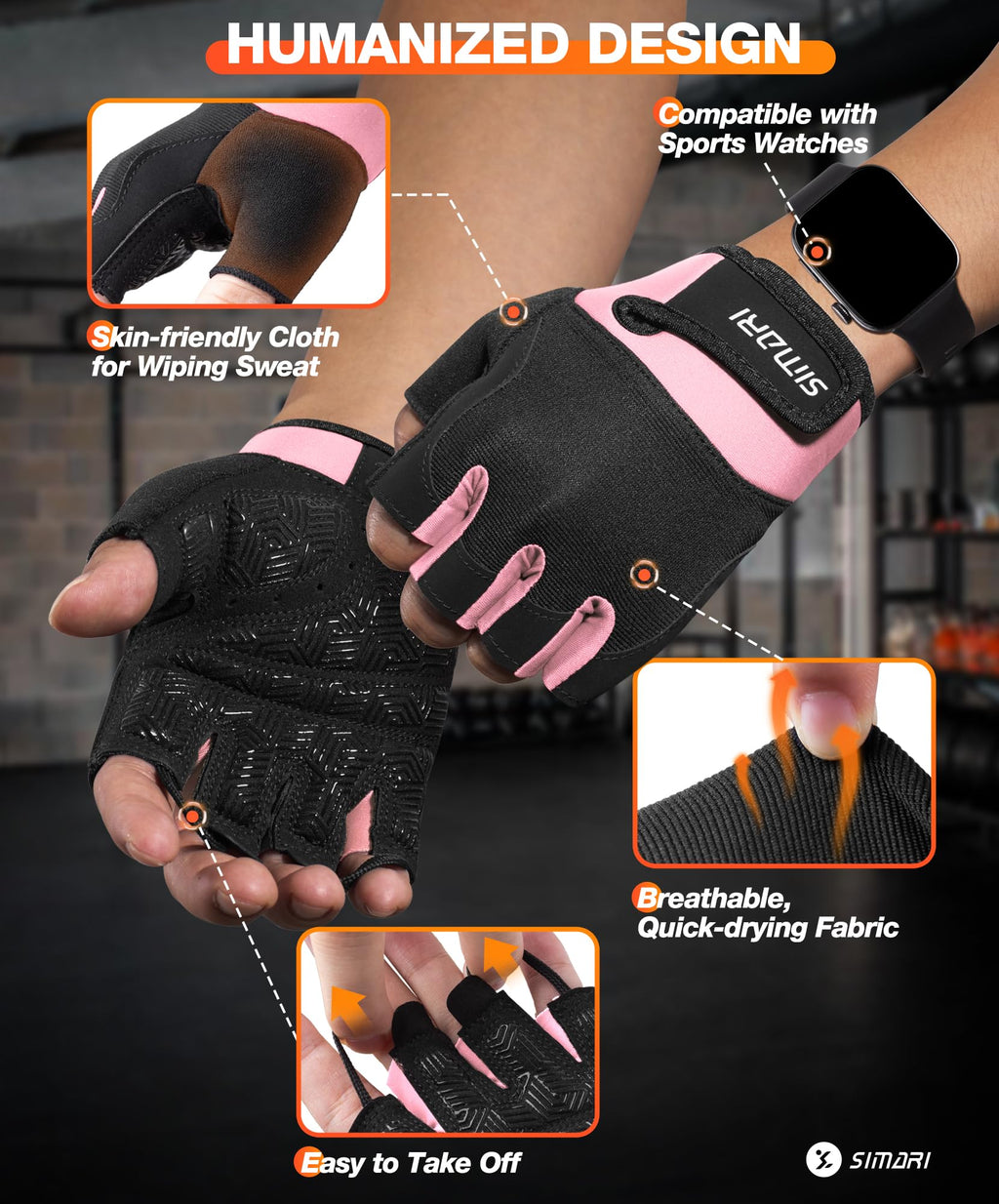 SIMARI Breathable Workout Gloves for Men & Women, Weight Lifting Gloves with Padded, Grip, Full Palm Protection, Gift for Gym Exercise, Cycling, Weightlifting Training, Fitness, Pink, Size M