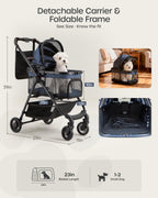 OJCME 3 in 1 Pet Carrier Stroller with Detachable Carrier, Foldable Dog & Cat Stroller for Small/Medium Dogs up to 33 lbs, Large Storage Bag, Full Window Mesh, One-Touch Dual Brake, Car Seat