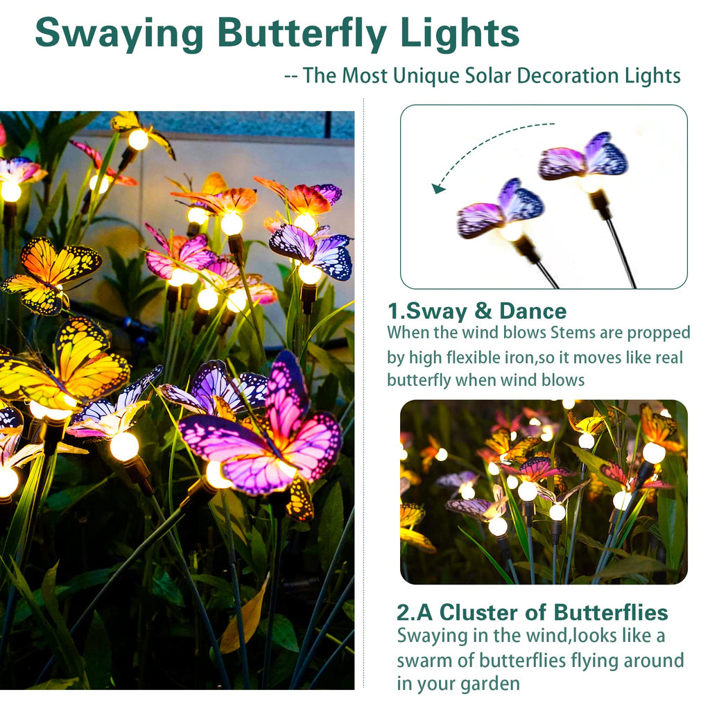 TONULAX Solar Garden Lights - 2 Pack Swaying Butterfly Light, Swaying in The Wind, Solar Outdoor Lights, Yard Patio Pathway Decoration, High Flexibility Iron Wire & Realistic Butterflies