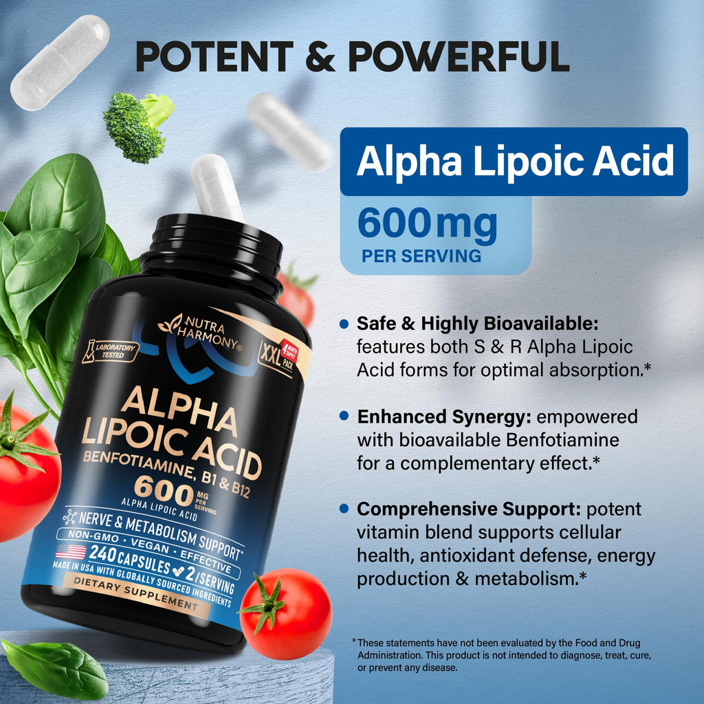 Alpha Lipoic Acid 600mg - ALA Supplement Antioxidant for Nerve, Energy & Metabolism Support - Extra Strength with Benfotiamine, B1 & B12 - Lab Tested, NON-GMO & Vegan - 240 Capsules, 4 Month Supply
