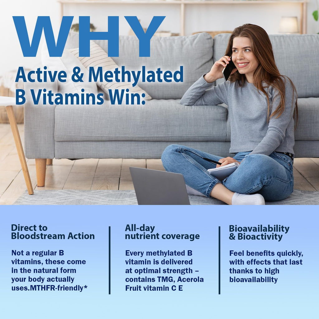 2 Packs Methylated B Complex Vitamins w. L-5-MTHF Folate, Vitamins B2 B6 & B12 for Men & Women, Complete 9-in-1 Methyl B Supplement for Energy Support, Mood & Nerve Health Vegan Gluten Free