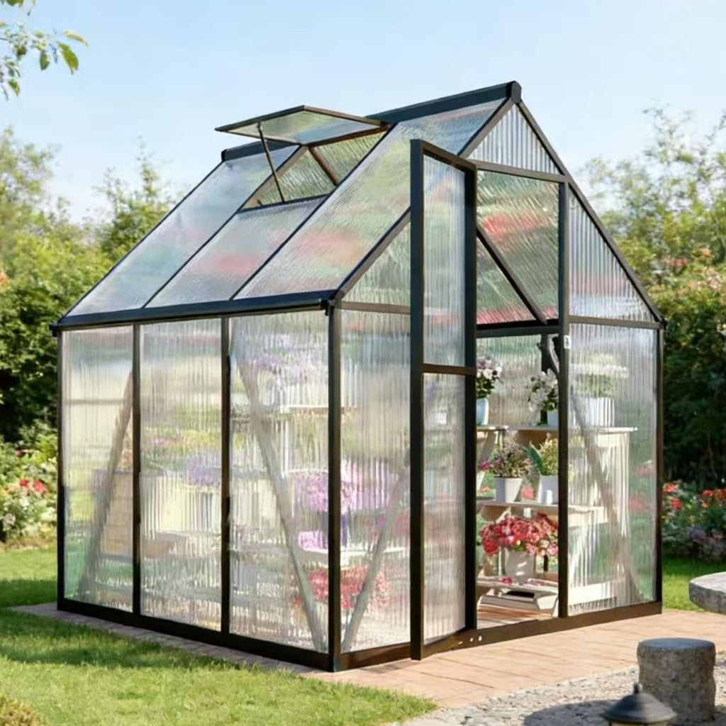 FLY BY YAN 6x6FT Outdoor Polycarbonate Greenhouse with Roof Vent, Dark Gray