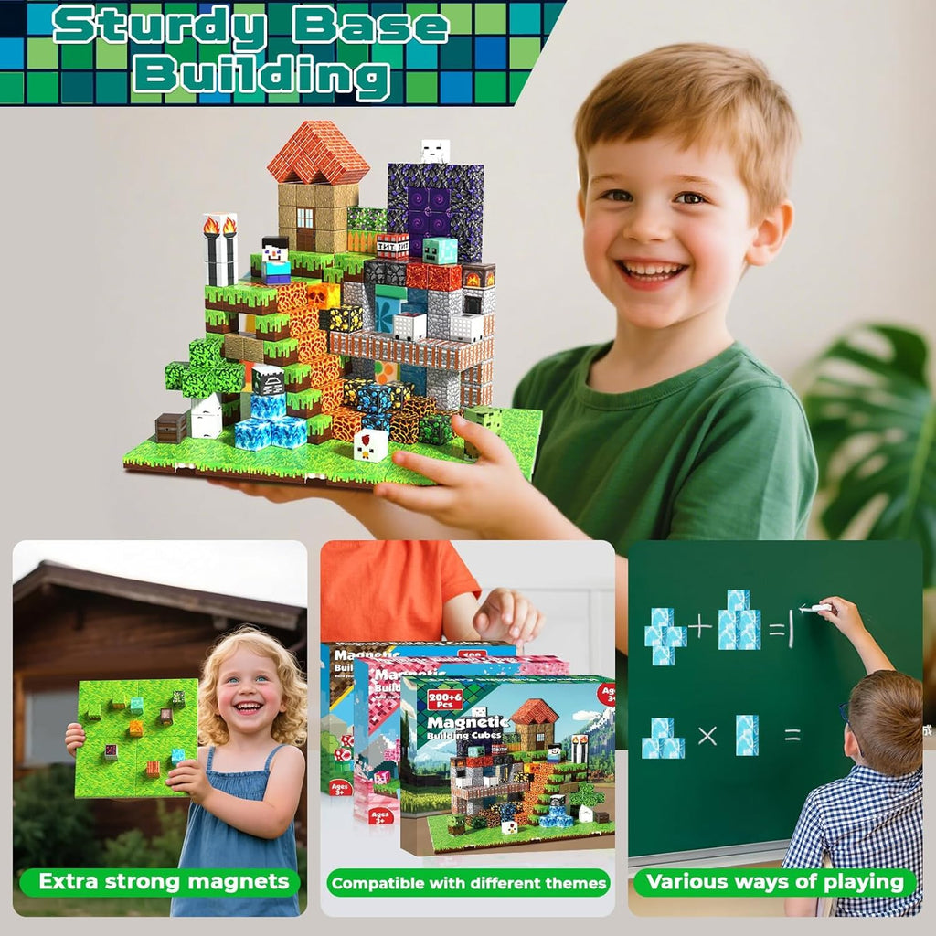 200PCS Magnetic Blocks - Magnet Blocks with 6 Baseplate,Magnetic Building Blocks for Kid Ages 3 4 5 6 7 8, Stacking Magnets for 3-8 Kids, Birthday Gifts for 3-10 Year Old Boys Girls, STEM Learning Toy