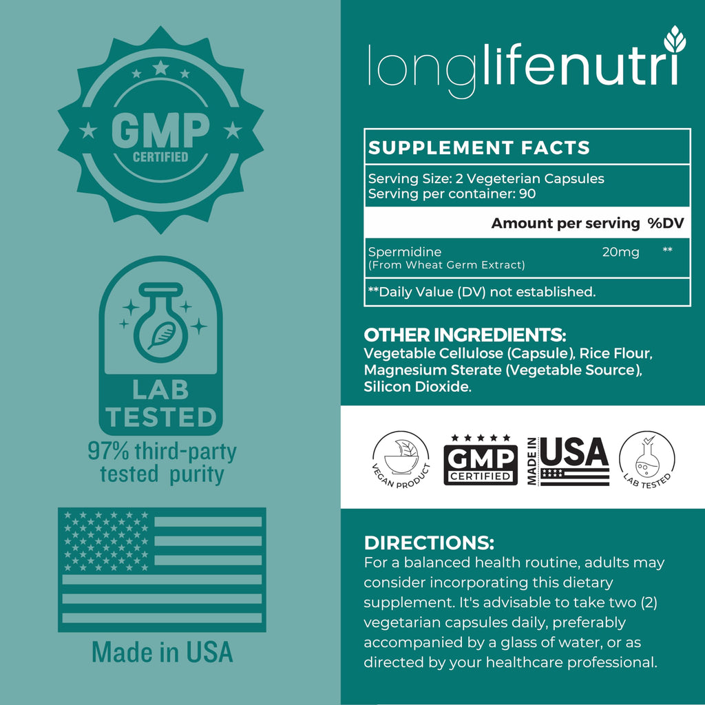 LongLifeNutri Spermidine 20mg, Supports Cellular Health & Brain Function - 180 Count, 2 Serving Size, Vegan Capsules, Wheat Germ Extract, Naturally Support Wellness, Lab Tested, Crafted in USA
