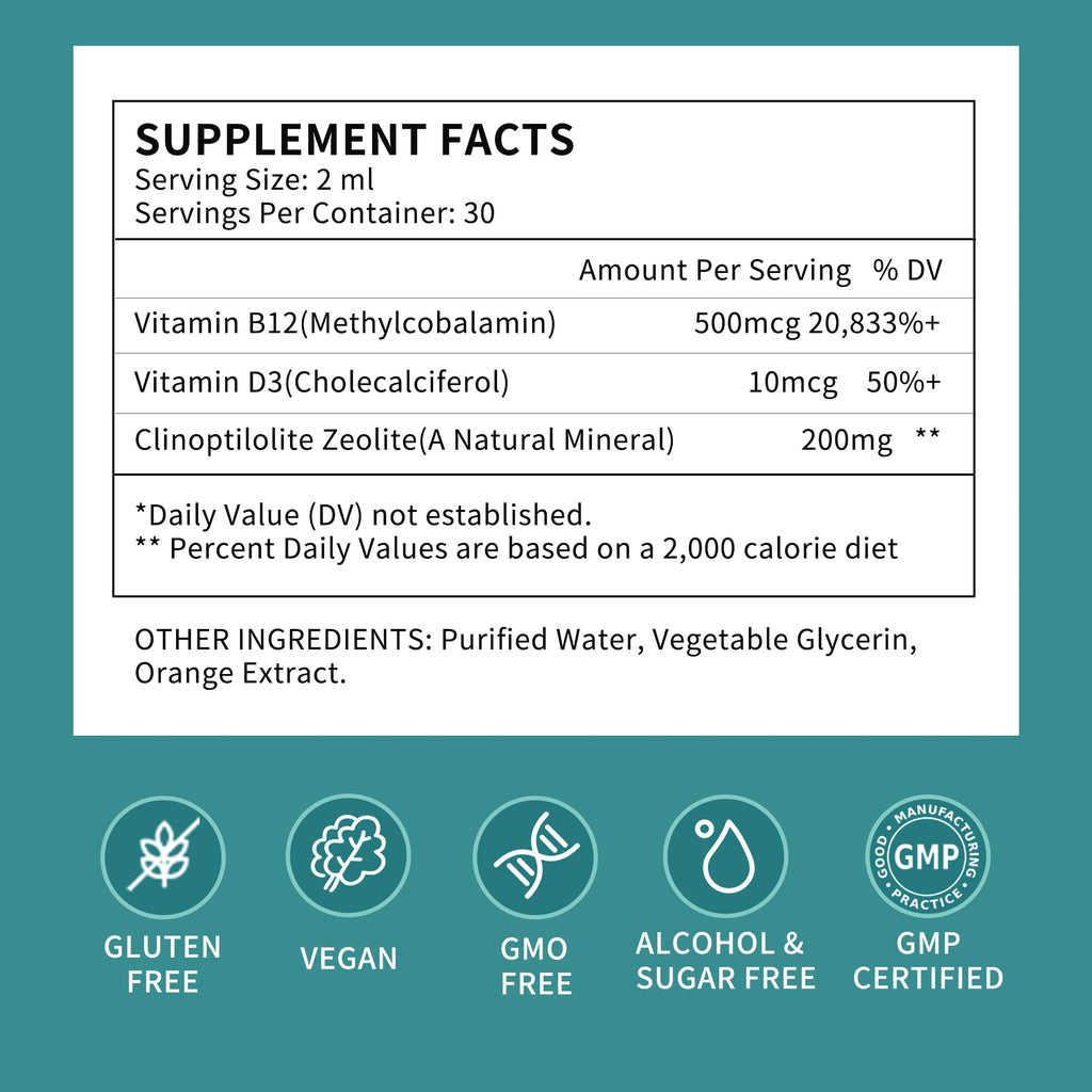 Zeolite Drops for Women,Adults and Kids- Clinoptilolite Zeolite Liquid Drops with Vitamin B12 & D3 - Heavy Metal Support, Immune Health, Natural Metabolism, Energy & Clear Skin - 30 Day Vegan Supply
