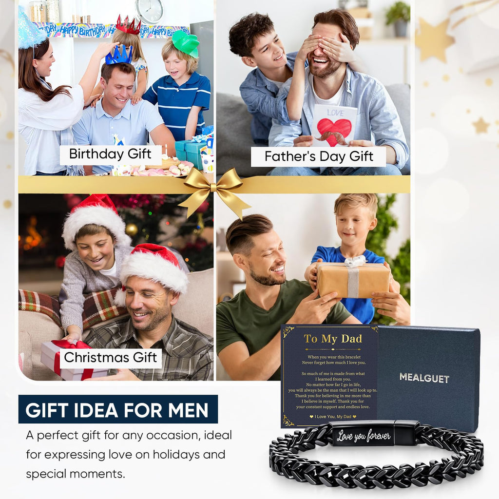 MEALGUET Black Chain Bracelets for Dad : To my Dad Stainless Steel Franco Chains Love you Forever Engraved Link Men's Bracelet to Daddy from Daughter Son, Sentimental Father's Day Birthday Gifts, M