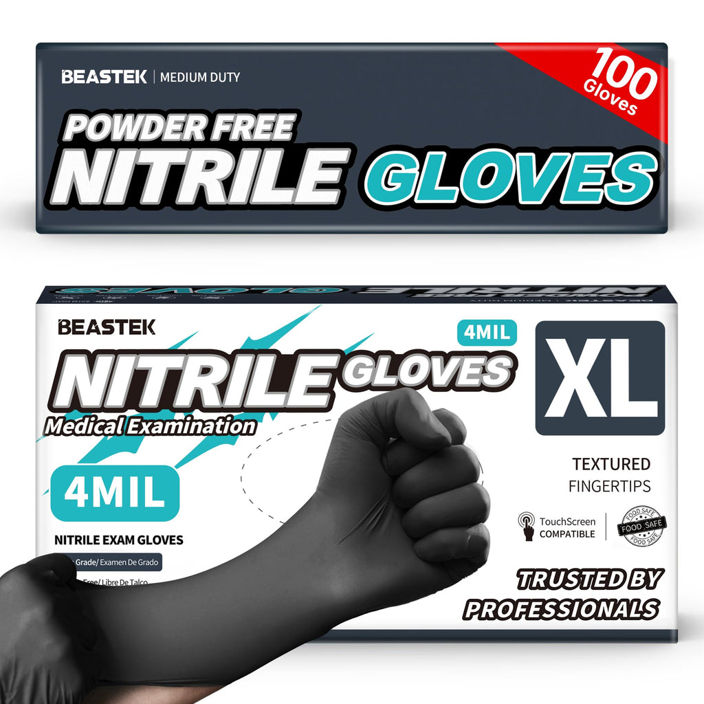 BEASTEK Black Nitrile Exam Gloves, 4Mil Powder-Free Food Prep Disposable XL
