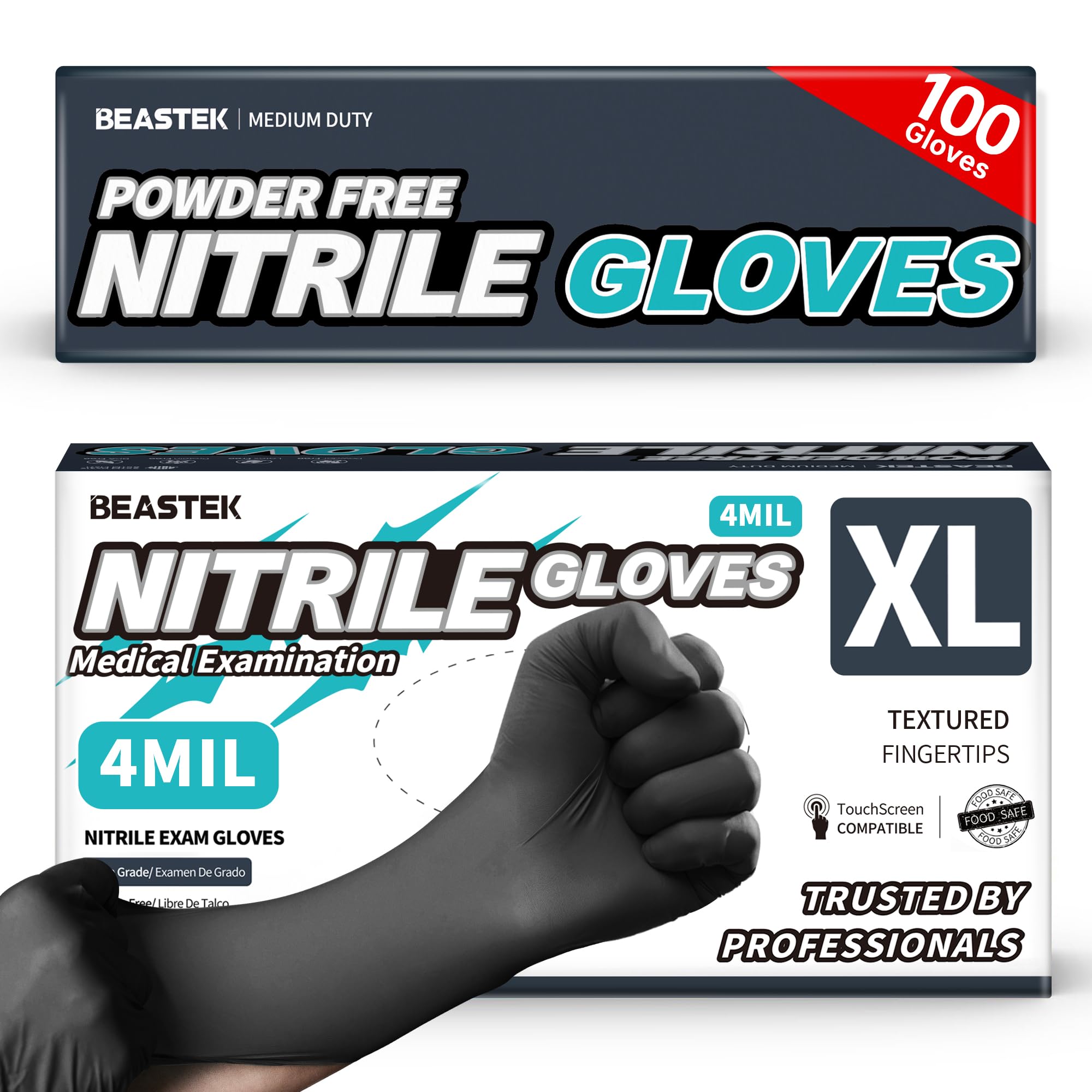 BEASTEK Black Nitrile Exam Gloves, 4Mil Powder-Free Food Prep Disposable XL