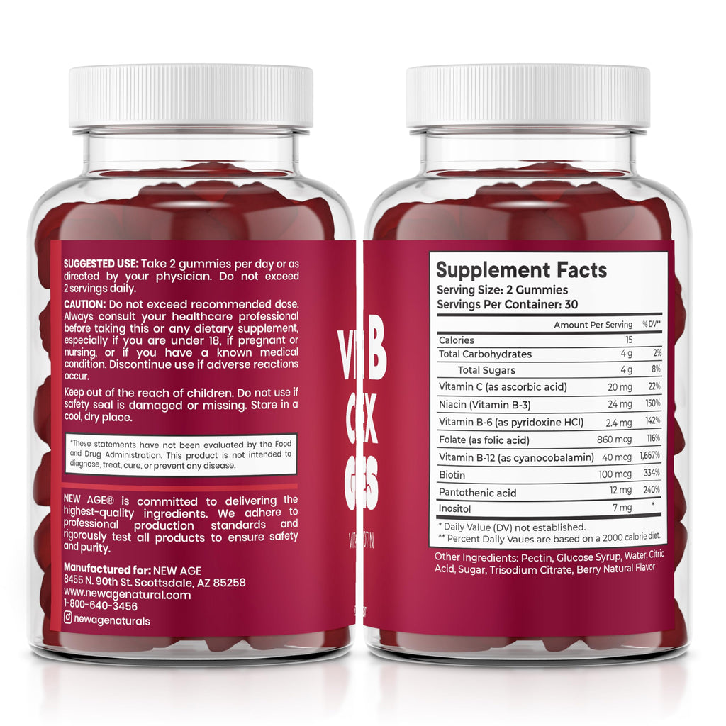 NEW AGE Vitamin B Complex Gummies with Vitamin B3, B6, & B12 – with Biotin, Folic Acid & Vitamin C – Gluten-Free, Vegan, Made in The USA! (120 Count (Pack of 2))