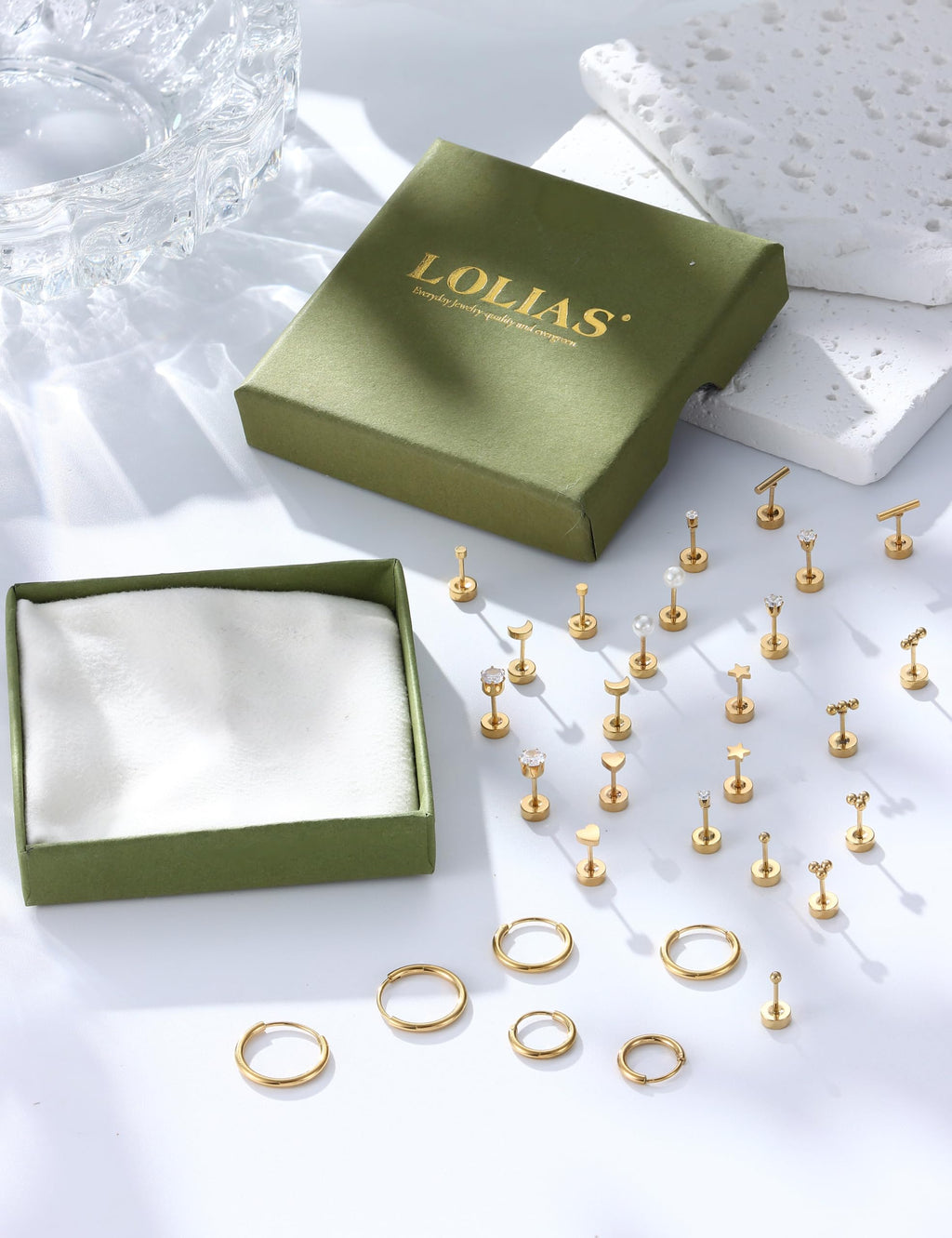 LOLIAS Hypoallergenic Surgical Steel Earrings for Sensitive Ears -14K Gold Plated Flat Back Earrings for Women Men- Small Stainless Steel Stud Hoop Earring Set Flatback Cartilage Earring Stacks