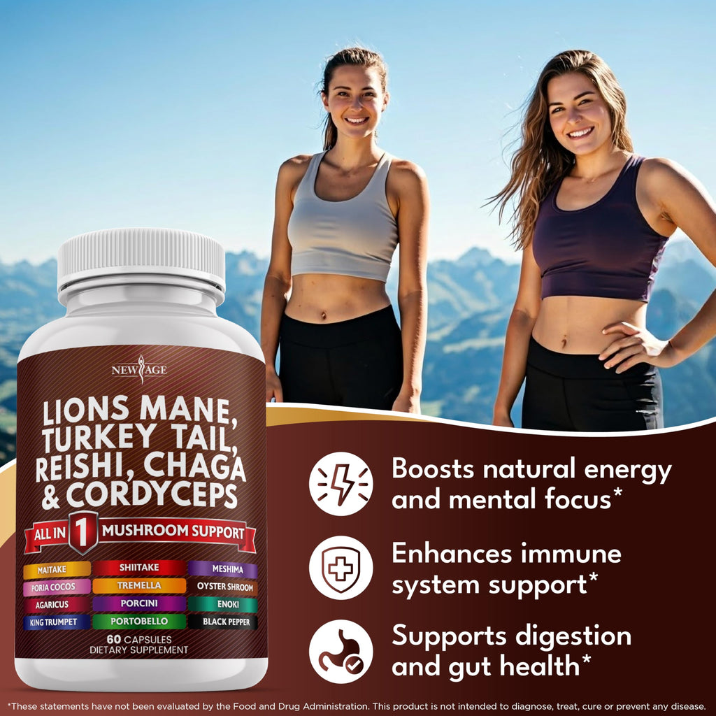 NEW AGE Lions Mane Mushroom Supplement with Turkey Tail Reishi Cordyceps Chaga with Marshmallow Root 180 Count