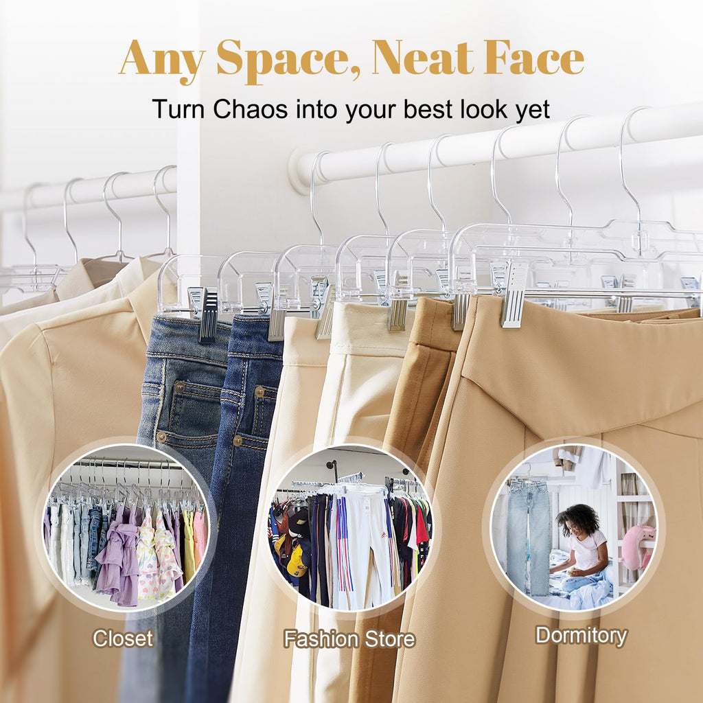 HOUSE DAY 14 Inch Clear Pants Hangers with Clips 12 Pack, Skirt Hangers
