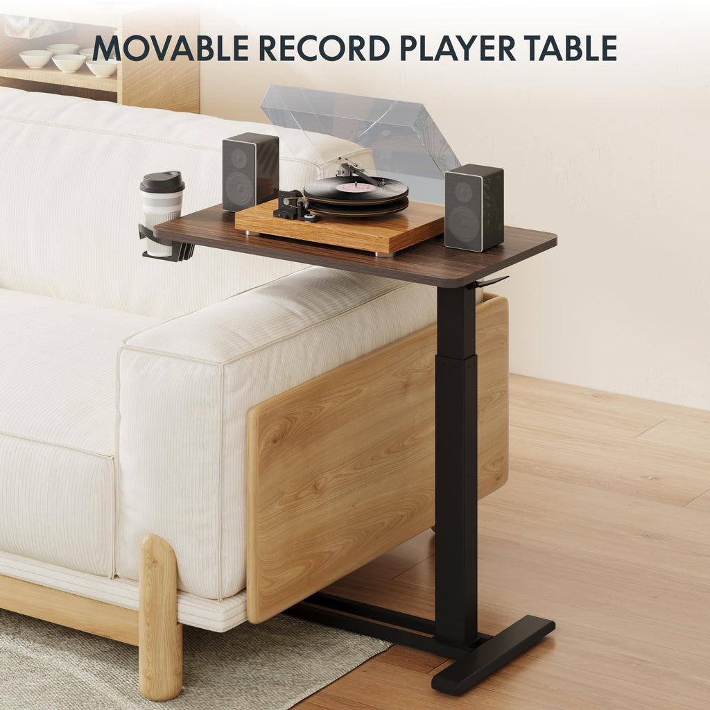 FLEXISPOT H7 Adjustable Overbed Bedside Table with Wheels Pneumatic Mobile Standing Desk Laptop Desk Rolling Computer Cart Movable Table Hospital Home Use(27.6" W x 15.7" D, Mahogany Table)