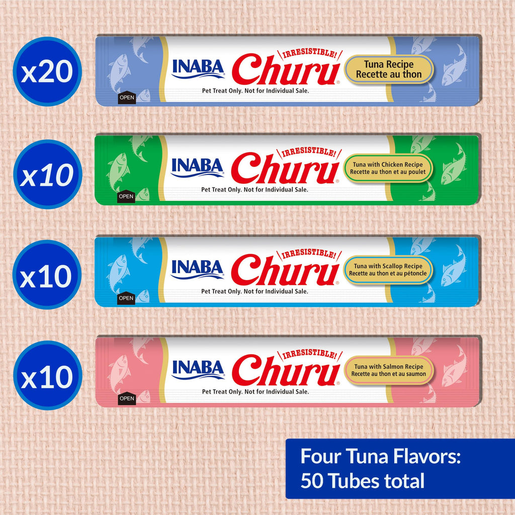 INABA Churu Cat Treats, Lickable, Squeezable Creamy Purée Cat Treat with Green Tea Extract & Taurine, 0.5 Ounces Each Tube, 50 Tubes, Tuna Variety
