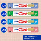 INABA Churu Cat Treats, Lickable, Squeezable Creamy Purée Cat Treat with Green Tea Extract & Taurine, 0.5 Ounces Each Tube, 50 Tubes, Tuna Variety