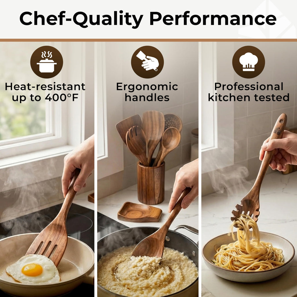 Wooden Utensil Set, 8 Pcs Teak Wooden Spoons for Cooking with Holder