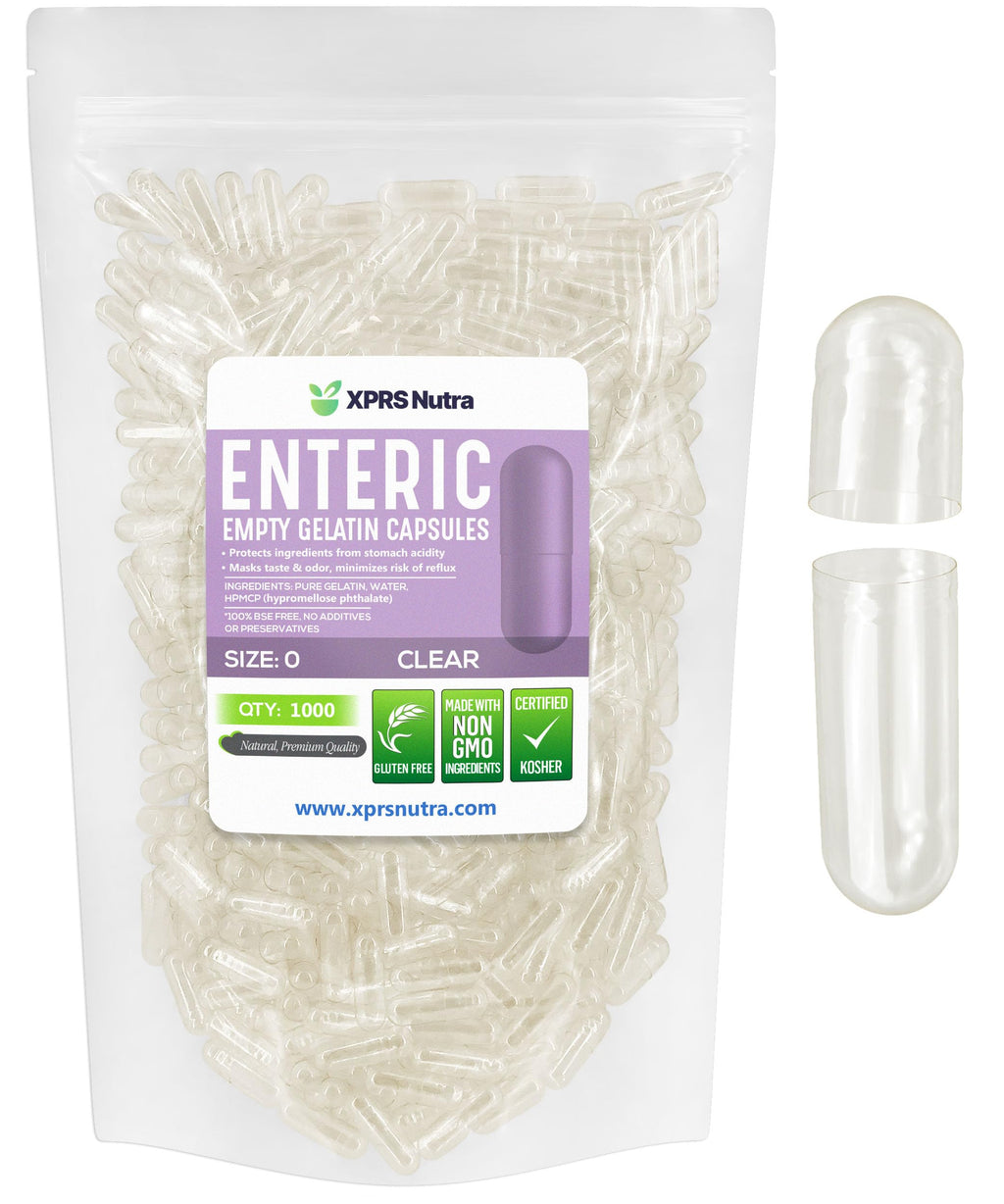 XPRS Nutra Size 0 Empty Capsules - 1000 Count Clear Enteric Coated Empty Gelatin Capsules - Delayed Release Pills - DIY Capsule Filling - Pure Bovine Empty Enteric Gel Caps