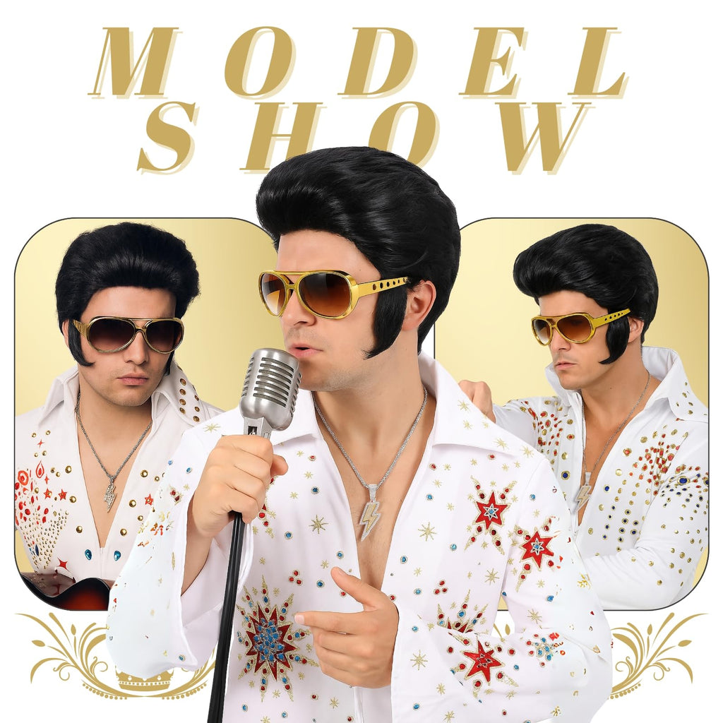 Bettecos 4pcs Set 50s Rock Wig with Sunglasses and Necklace for Men Singer Rocker Costume Wigs for Cosplay Halloween Party (Adults)