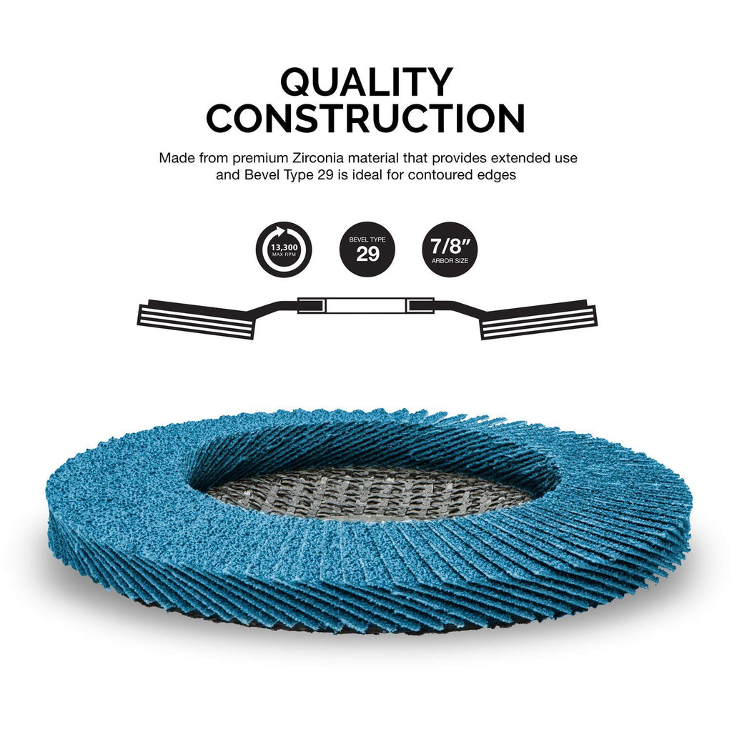 Neiko 11142A Premium Zirconia Flap Disc | 4.5" x 7/8-Inch, 40 Grit, Bevel Type #29 - 10 Pack