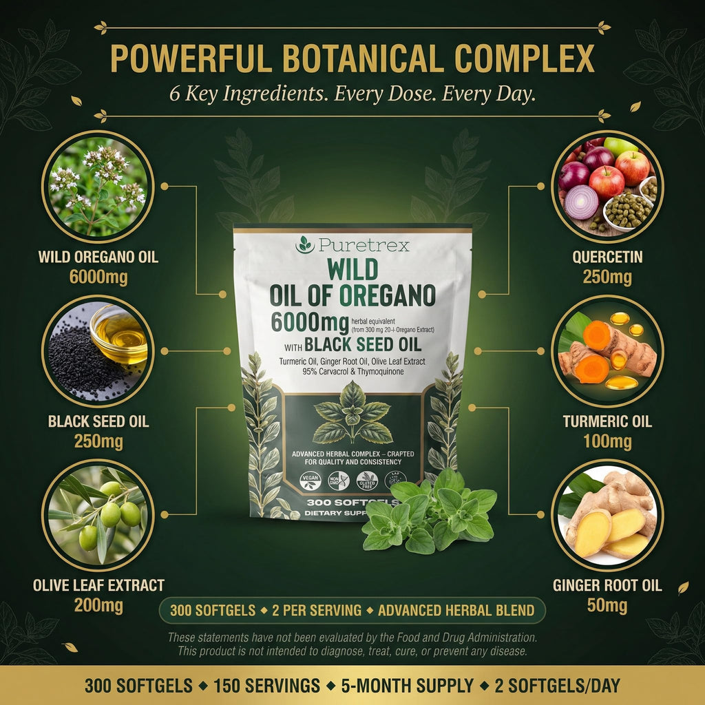 PURETREX Wild Oil of Oregano 6000mg with Black Seed, Turmeric & Ginger – 300 Softgels | 95% Carvacrol & Thymoquinone | Immune, Gut & Respiratory Support | High-Potency Herbal Complex – Vegan & Non-GMO