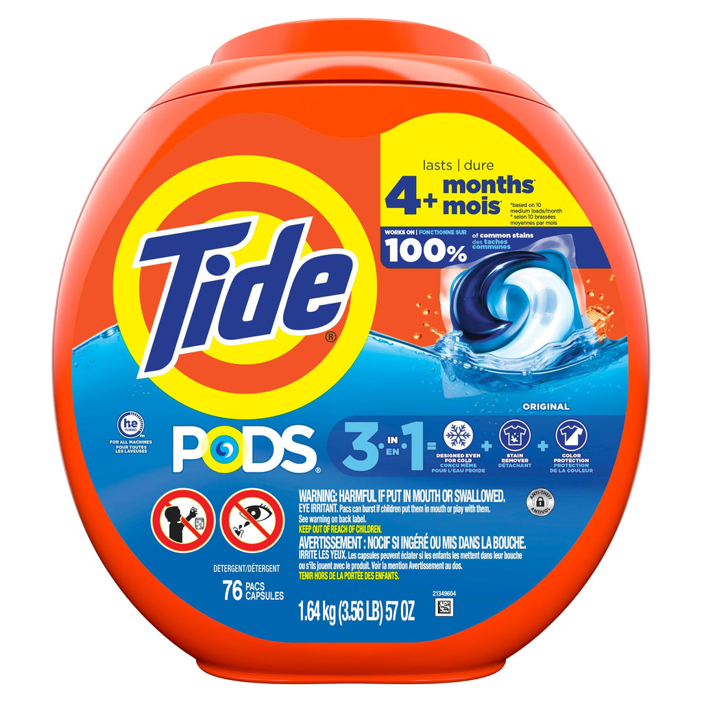 Tide PODS laundry detergent pacs, 3-in-1 Stain Remover, Odor Fighter, Color Protector, 76 Count, HE compatible, Original Scent