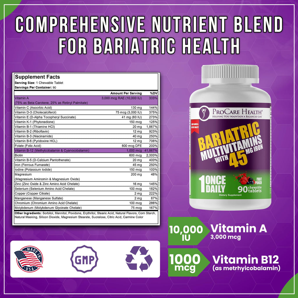 Procare Health Bariatric Multivitamin with Iron 45mg Chewable (90 Tablets) - Fruit Punch Flavor Bariatric Multivitamin Chewable Pills for Gastric Bypass & Sleeve Gastrectomy Patients (03 Month Supply)