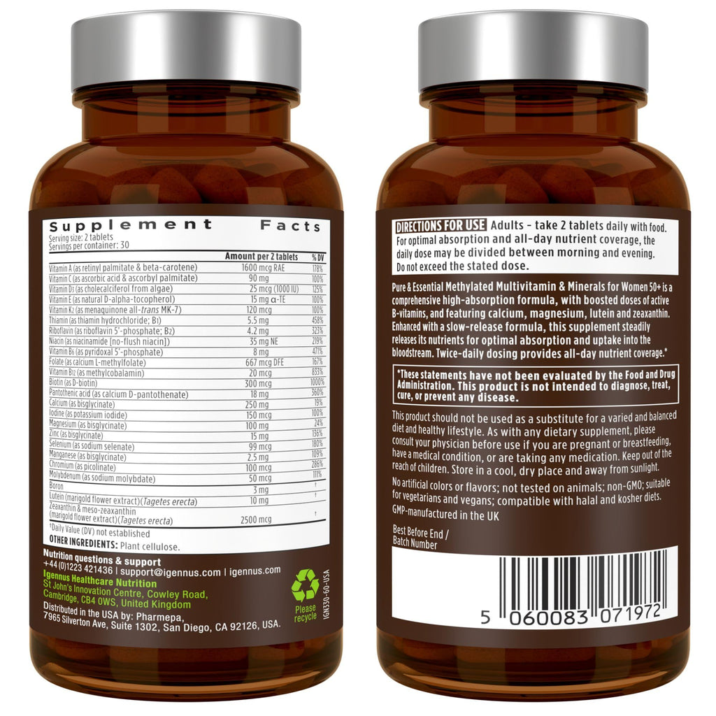 Igennus Methylated Multivitamin for Women 50+, Calcium & Magnesium for Bone Support, Sustained Release & Active B-Vitamins, Iron-Free Formula, Antioxidant Support, Clean Label, 60 Tablets
