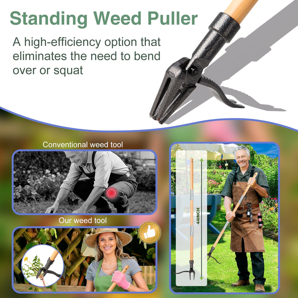 CRAFTZONE Weed Puller Stand Up Weed Puller Tool with Wooden Long Handle Foot Platform Design 4-Claw Steel Head & Removable 3-Section Pole Garden Tools-Easily Remove Weeds Without Bending or Kneeling