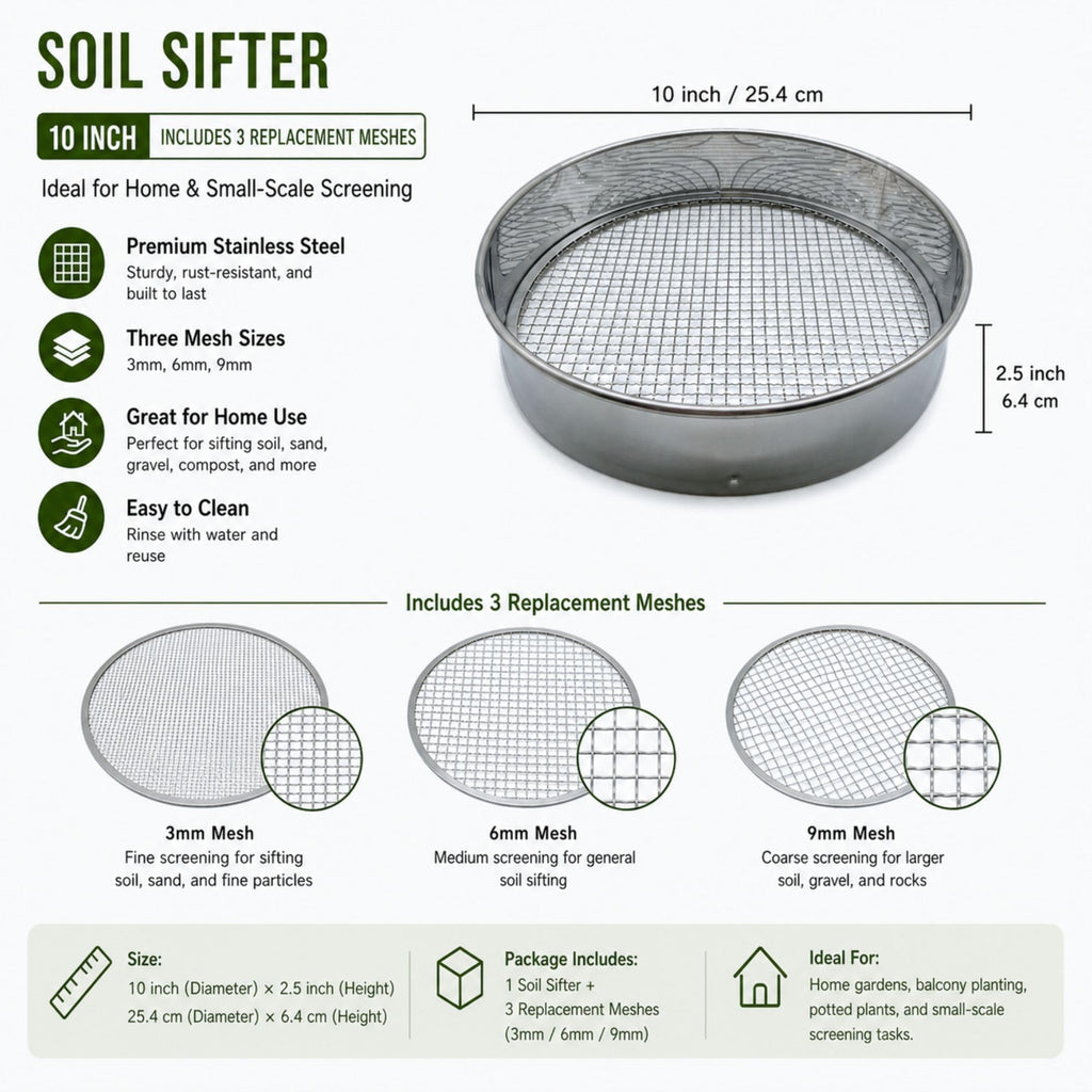 Soil Sifter Set with 3 Sieve Meshes for Rock and Sand - Stainless Steel
