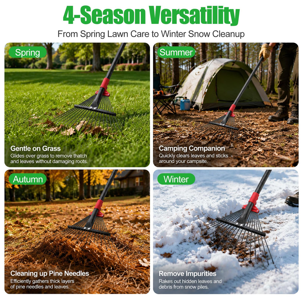 76Inch Adjustable Metal Leaf Rake, 18 Metal Tines Heavy Duty Leaves Rake for Lawns with 8-18" Expandable Head Long Handle Garden Rakes for Leaves Yard Gardening Grass Outdoor Camping Debris