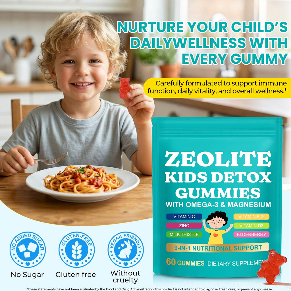 Zeolite Kids Gummies, Zeolite Detox for Kids with Zeolite, Omega-3, Elderberry, Vitamin C, Vitamin D3, Zinc, B12, for Energy, Focus, Digestive, Immune, Sugar Free (Mixed Berry Flavor-60 Gummies)