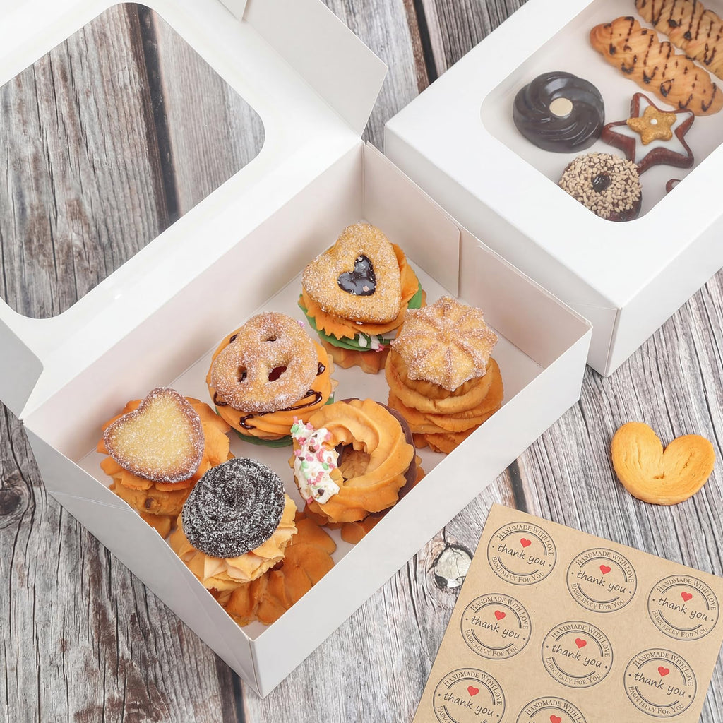 YEKTFS 24 Pack Cookie Boxes with Window, 9x6x3 Inch White Bakery Containers for Desserts, Candy, Muffins, Donuts, Chocolate Covered Strawberries & Gift Giving