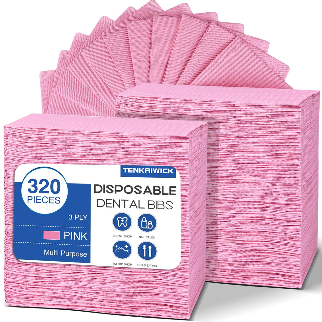 320 Pack Disposable Dental Bibs 13"x18", 3-Ply Waterproof Tattoo Bibs Sheet for Nail Salon, Dental Clinic, Feeding, Tattoo Shop (Pink)