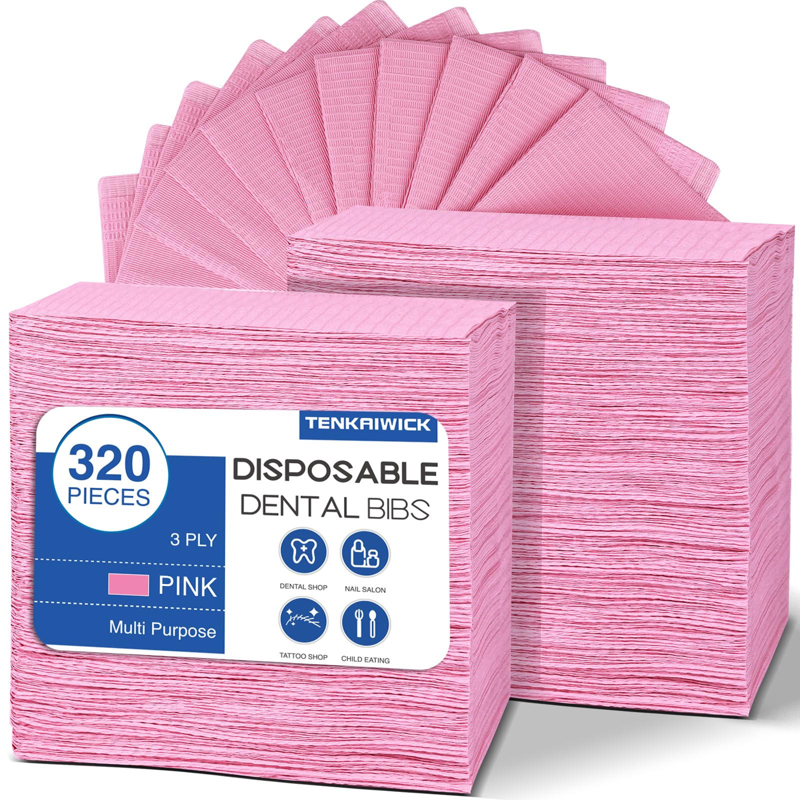 320 Pack Disposable Dental Bibs 13"x18", 3-Ply Waterproof Tattoo Bibs Sheet for Nail Salon, Dental Clinic, Feeding, Tattoo Shop (Pink)