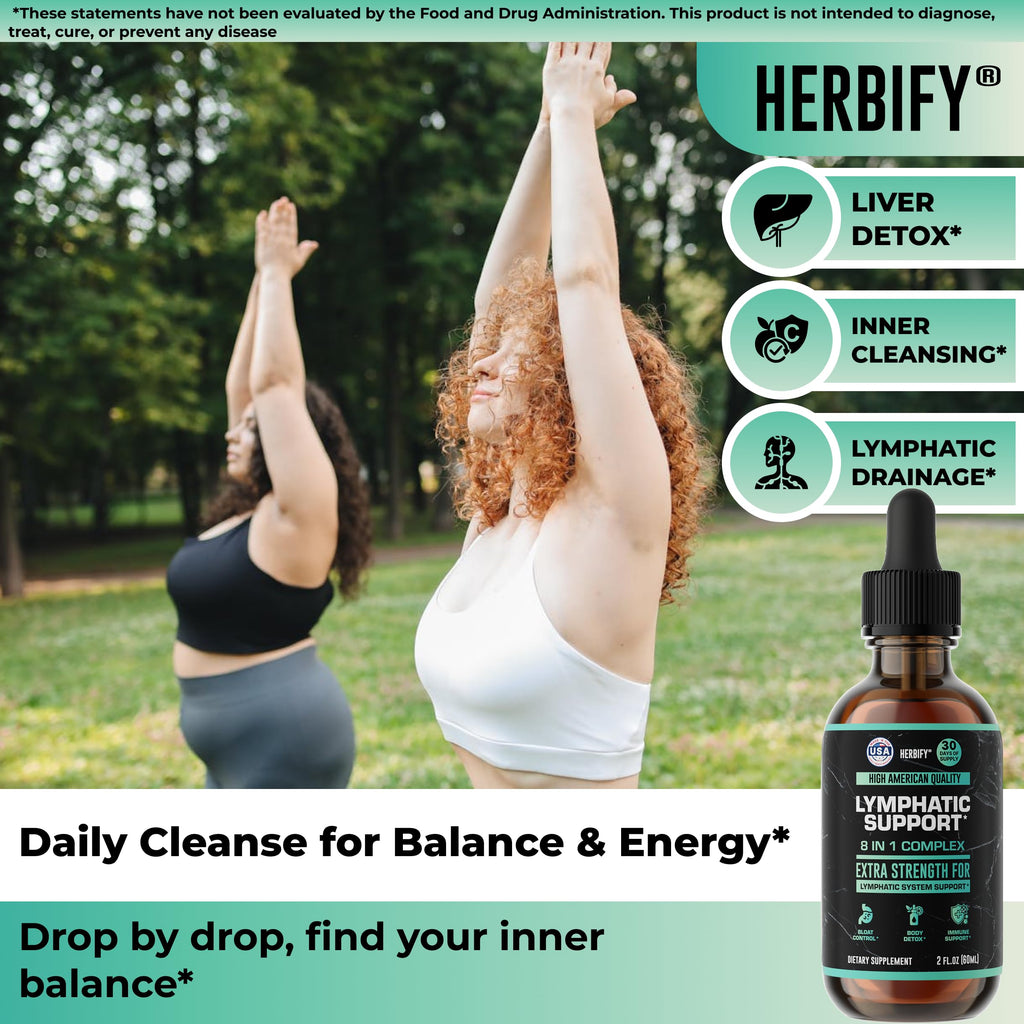 HERBIFY Lymphatic Drainage Drops for Liver Detox & Immune Support - Lymph System Support Drops - Detox Cleanse - 60 Days Supply - 2 Fl Oz Made in USA