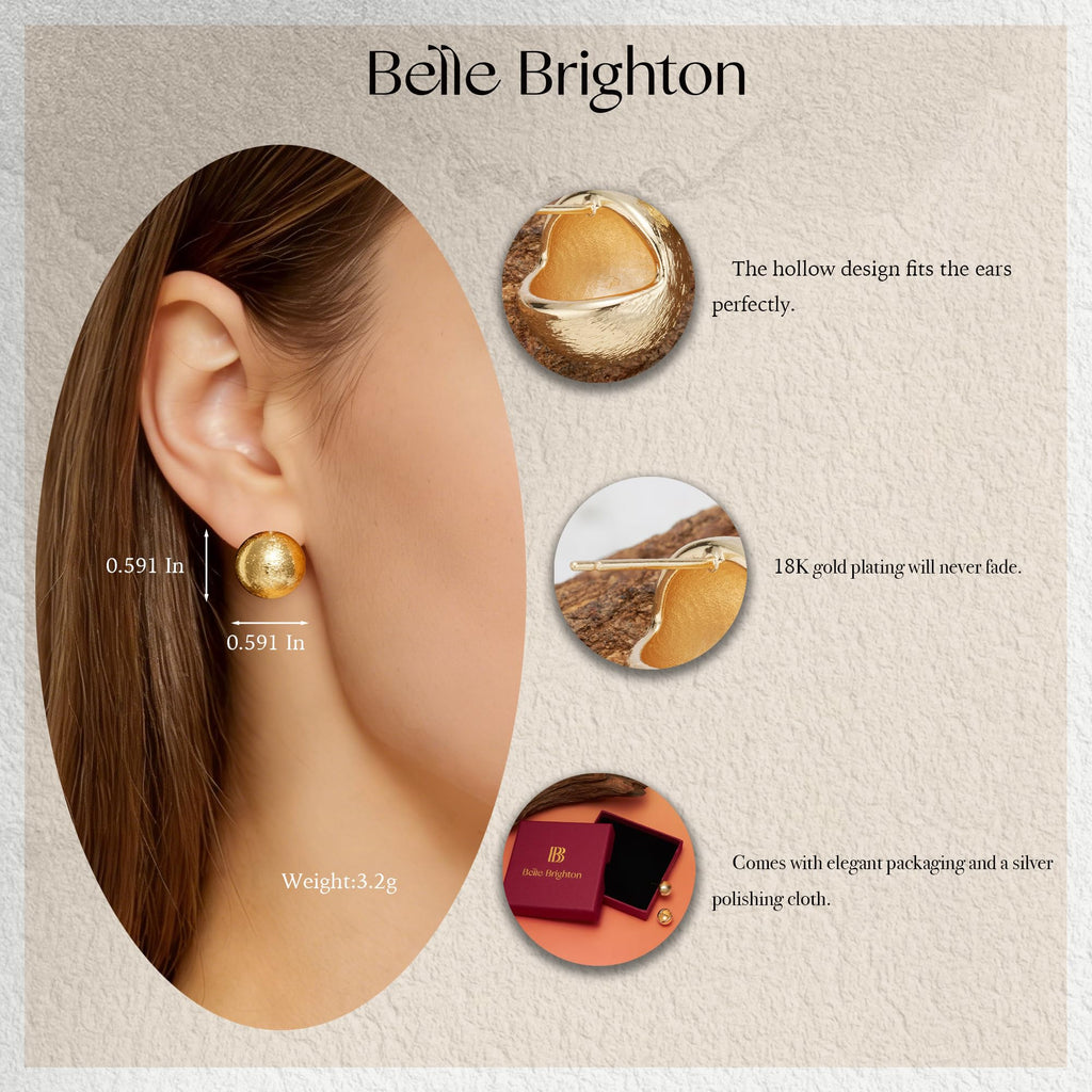 Matte Dome Stud Earrings for Women, Half Ball Button Earrings (Gold)