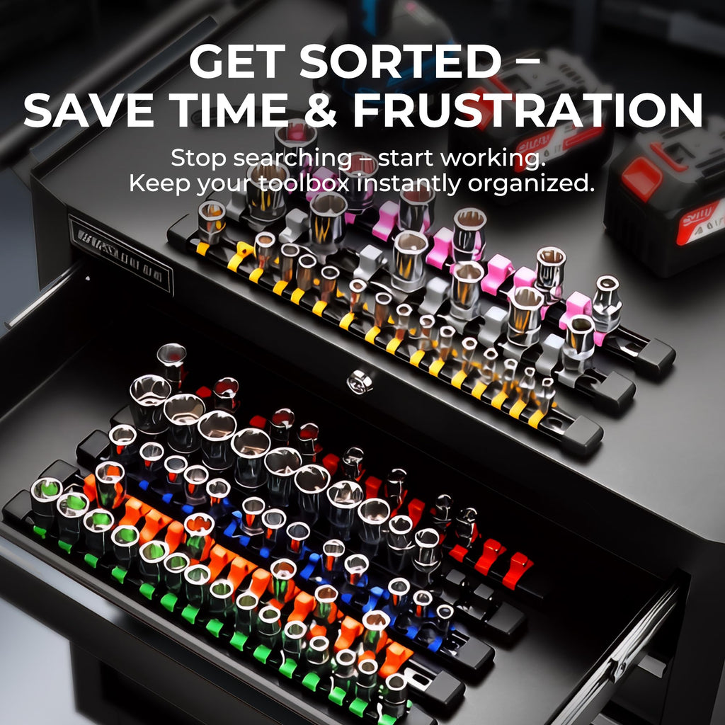 Reniteco 9-Piece Socket Organizer Set - 1/4-Inch x 48 Clips, 3/8-Inch x 45 Clips, 1/2-Inch x 36 Clips, Heavy Duty ABS Socket Holder, Premium Quality Socket Clip Rail Holder for Tool Box Drawer
