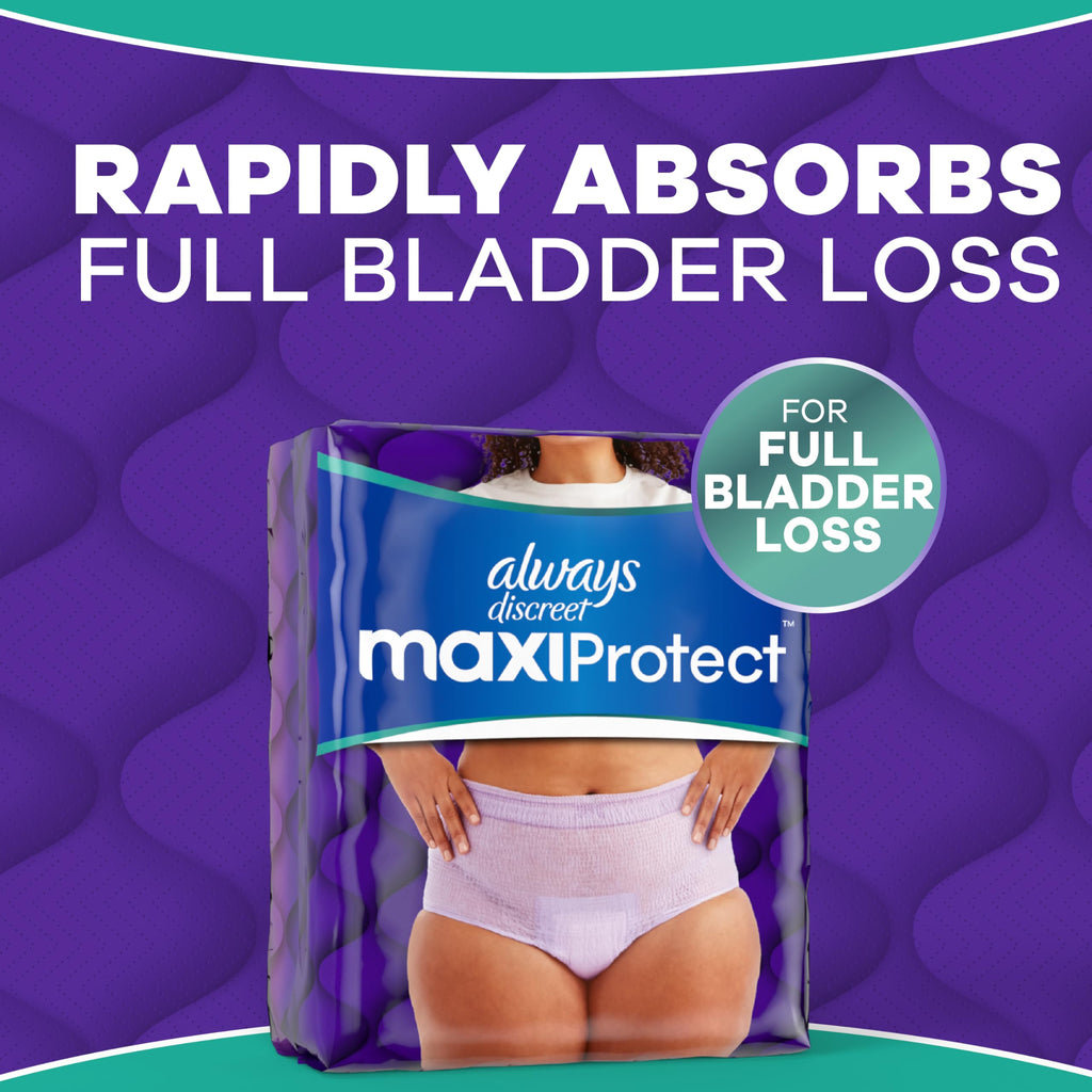 Always Discreet MaxiProtect Adult Diapers for Women, Incontinence Underwear, Scented, Postpartum Essentials, Bladder Leak Protection, Disposable Briefs, Maximum Plus Absorbency, Size S/M, 26 Count