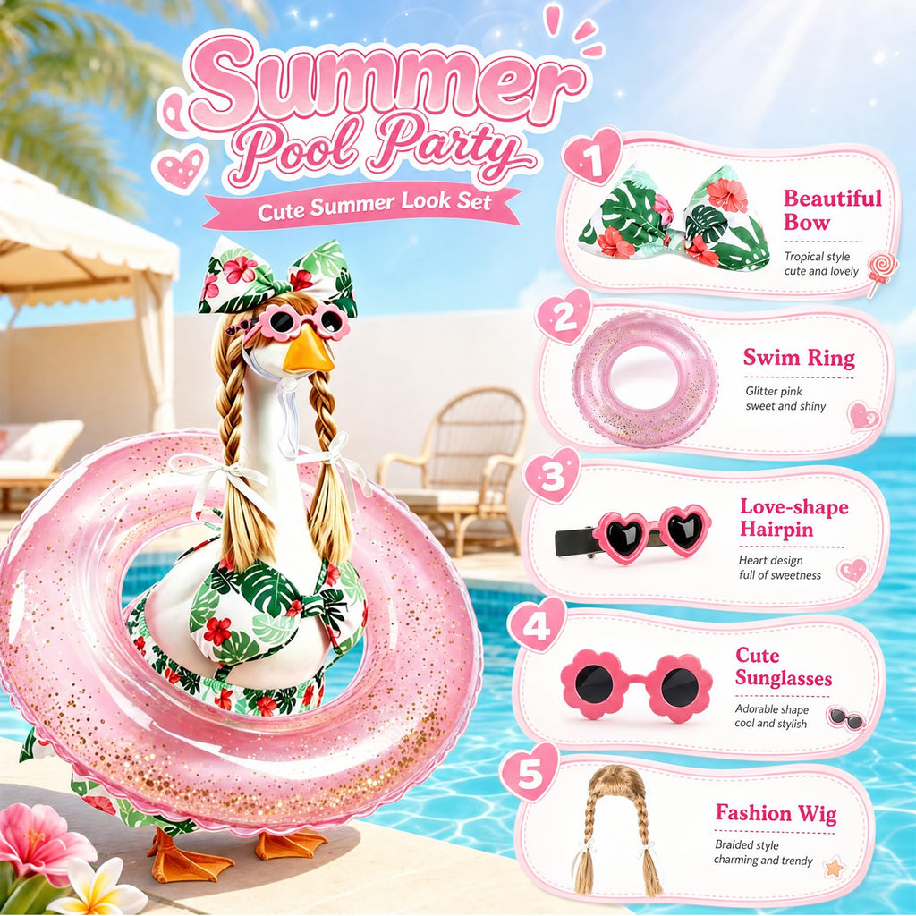 Porch Goose Bikini Outfit with Pool Ring, Sunglasses for Summer Yard Decor