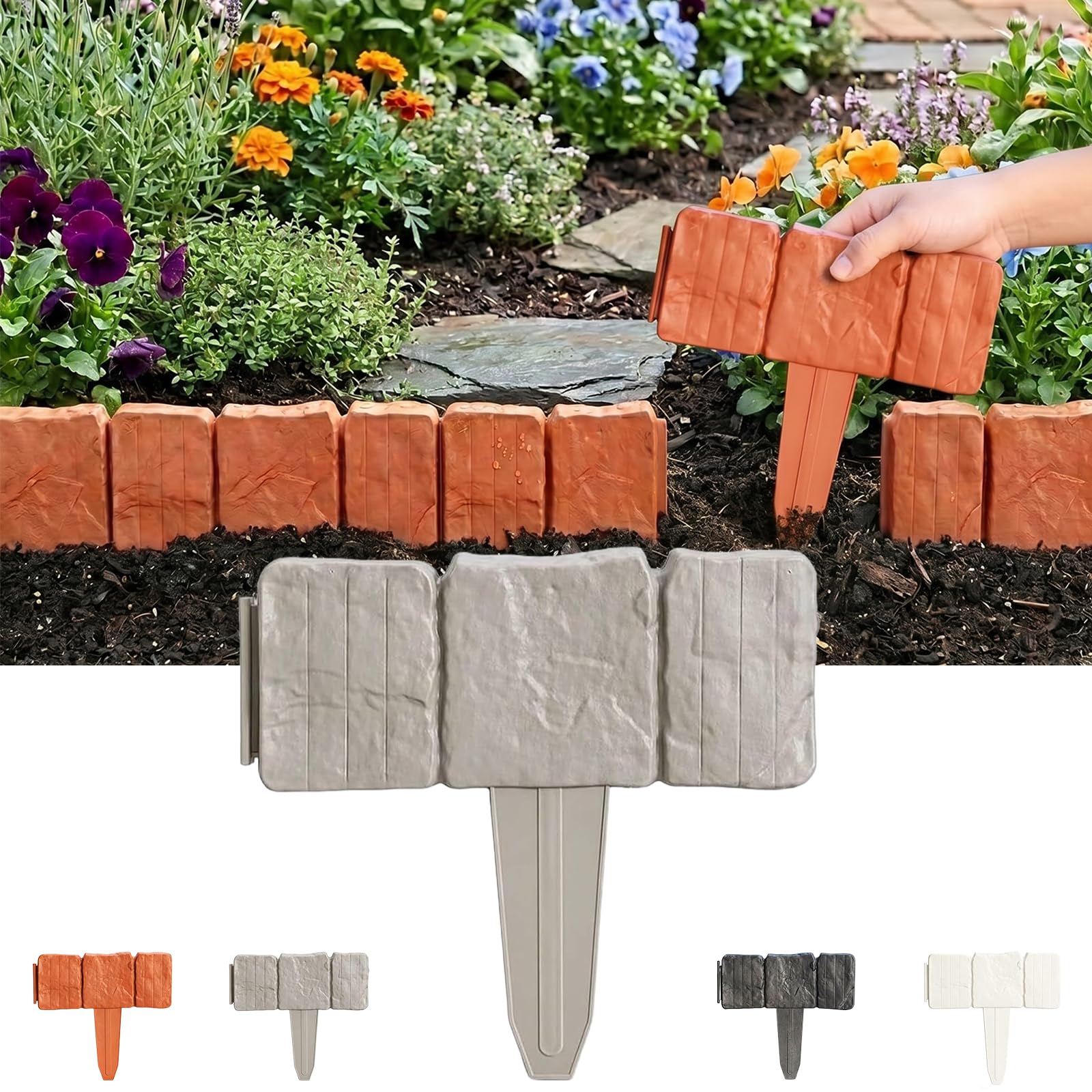 Imitation Stone Garden Fence - DIY Garden Edging Border, 2026 New Plastic Garden Retaining Fence, Interlocking No Dig Decorative Garden Fence with Stakes, for Yard, Patio, Outdoor (Gray, 30pcs)