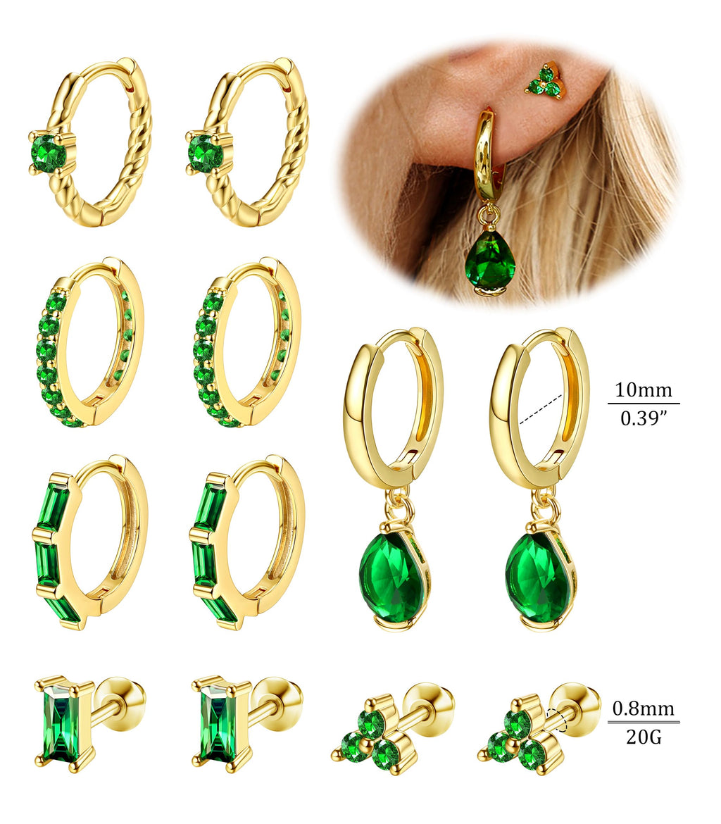 6 Pairs Emerald Green 14K Gold Plated Hoop Stud Earrings Stacks for Women