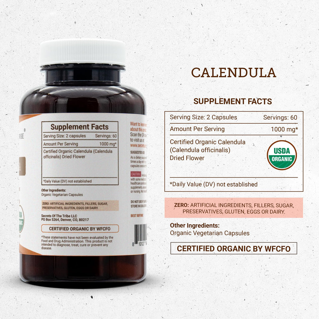 Secrets of the Tribe Calendula 120 Capsules, 1000 mg, USDA Organic Calendula Officinalis Dried Flower (120 Capsules)