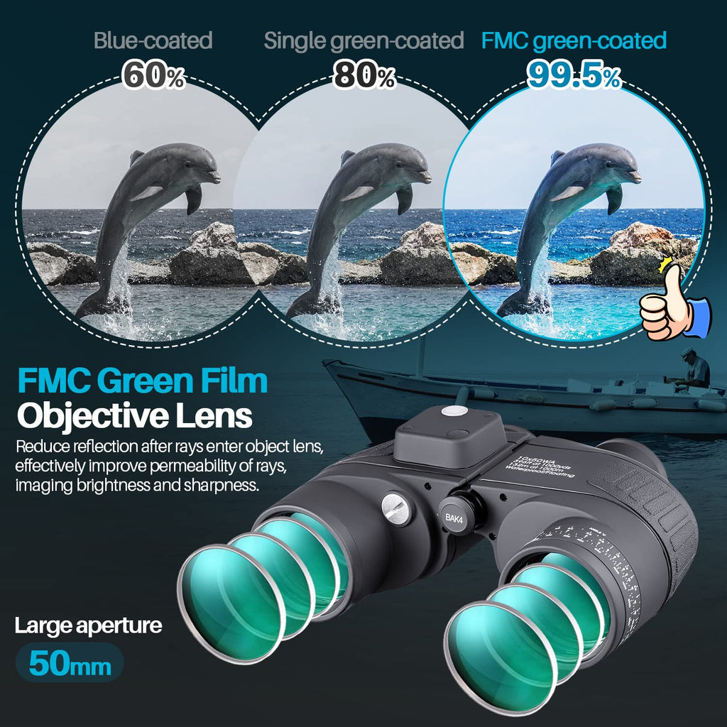 10x50 Marine Binoculars with Rangefinder for Adults - IPX7 Waterproof BAK4 Prism FMC Lens Binoculars with Compass and Shoulder Harness Strap for Navigation Hunting Bird Watching