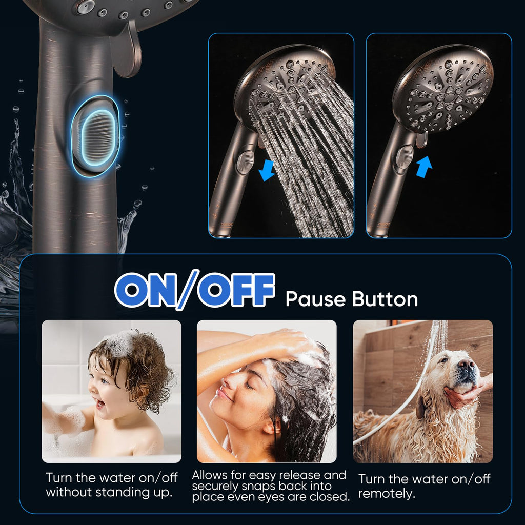 Cobbe 9-Function Shower Head with Built-in Power Spray, 1.8 GPM Water Saving ON/OFF Toggle Switch, High Pressure Handheld Showerhead with 1-Click Pause Button, Brass Bracket & 6ft Hose, ORB