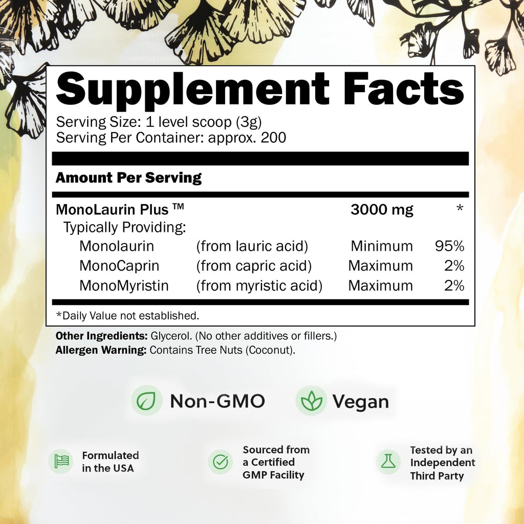 UltraLaurin® Monolaurin Supplement – 3,000 mg Coconut-Derived Pellets for Immune & Gut Health Support, Digestive Wellness – 21 oz / 200 Servings – Vegan, Non-GMO, Natural Immune & Digestive Support
