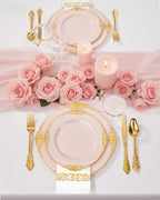 Nervure 350PCS Pink Plastic Plates - Pink Plastic Dinnerware Sets for 50 Guests - 100 Disposable Plates, 150 Gold Silverware, 50 Cups, 50 Napkins Perfect for Wedding & Party